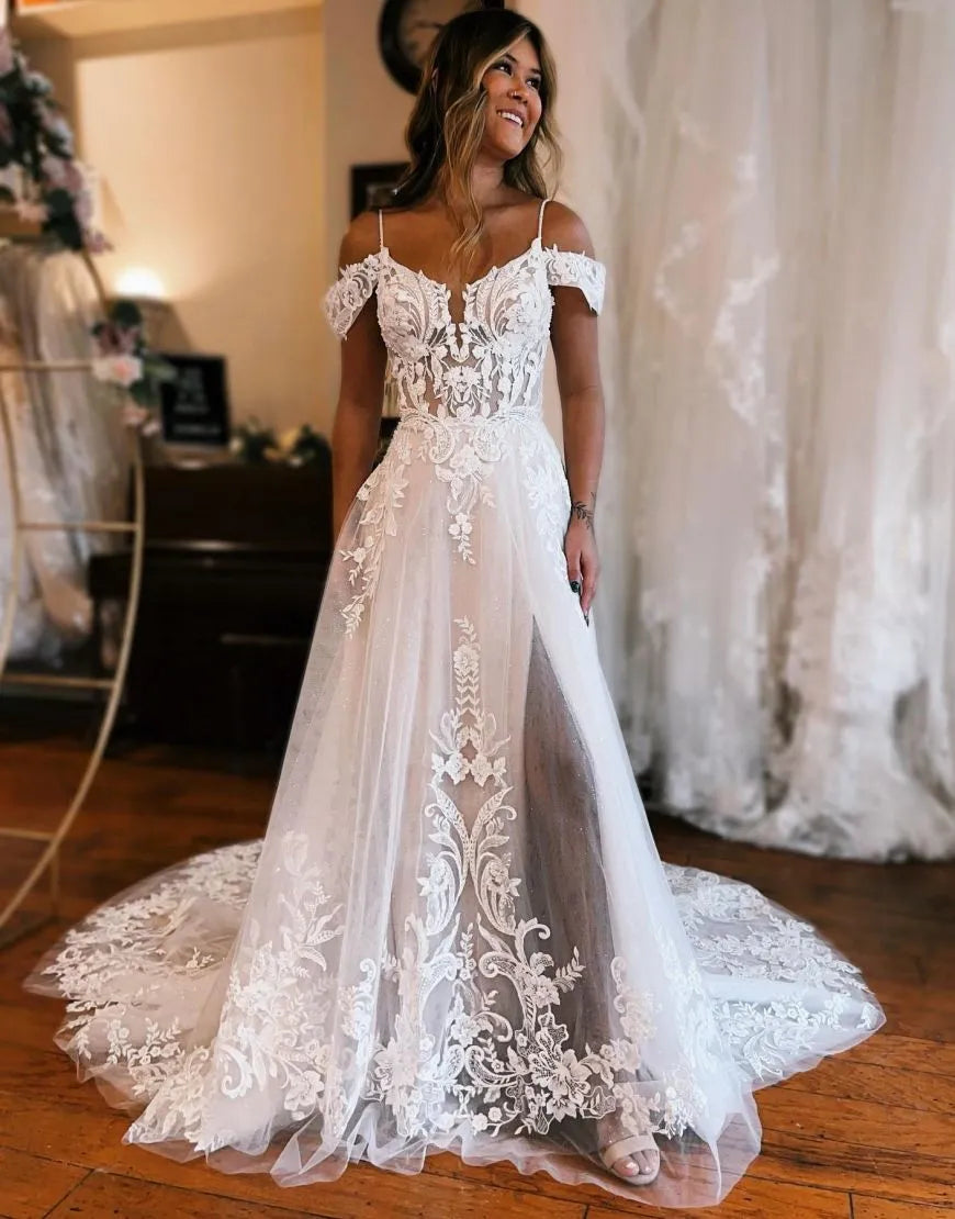 A-Line Off The Shoulder Wedding Dress With Appliques And Split