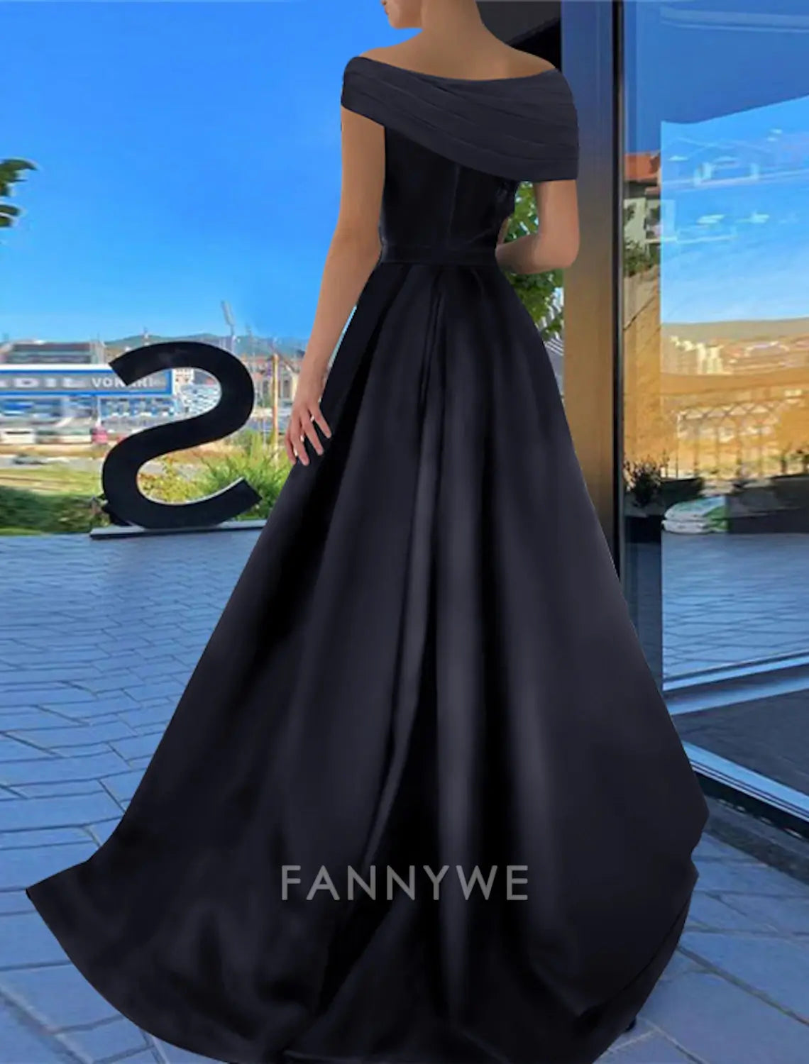 FannyWe Simple A-Line Prom Dresses Black Dress Dress Formal Wedding Guest Floor Length Short Sleeve Off Shoulder Satin with Ruched Slit