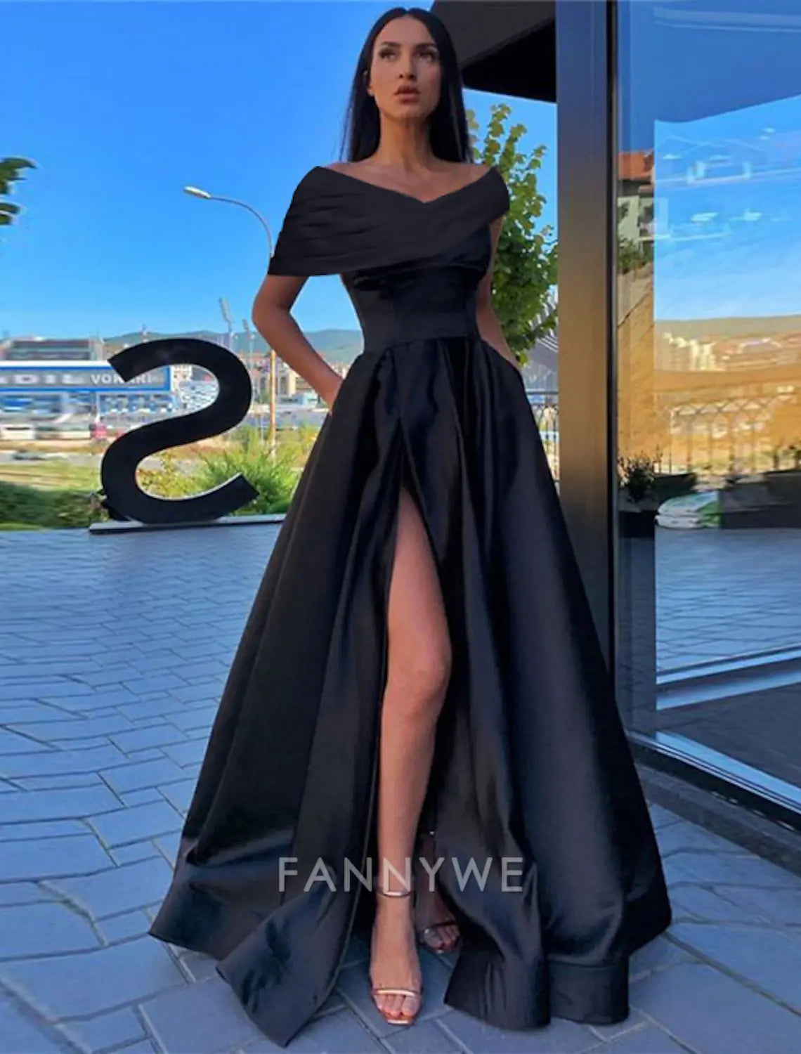 FannyWe Simple A-Line Prom Dresses Black Dress Dress Formal Wedding Guest Floor Length Short Sleeve Off Shoulder Satin with Ruched Slit