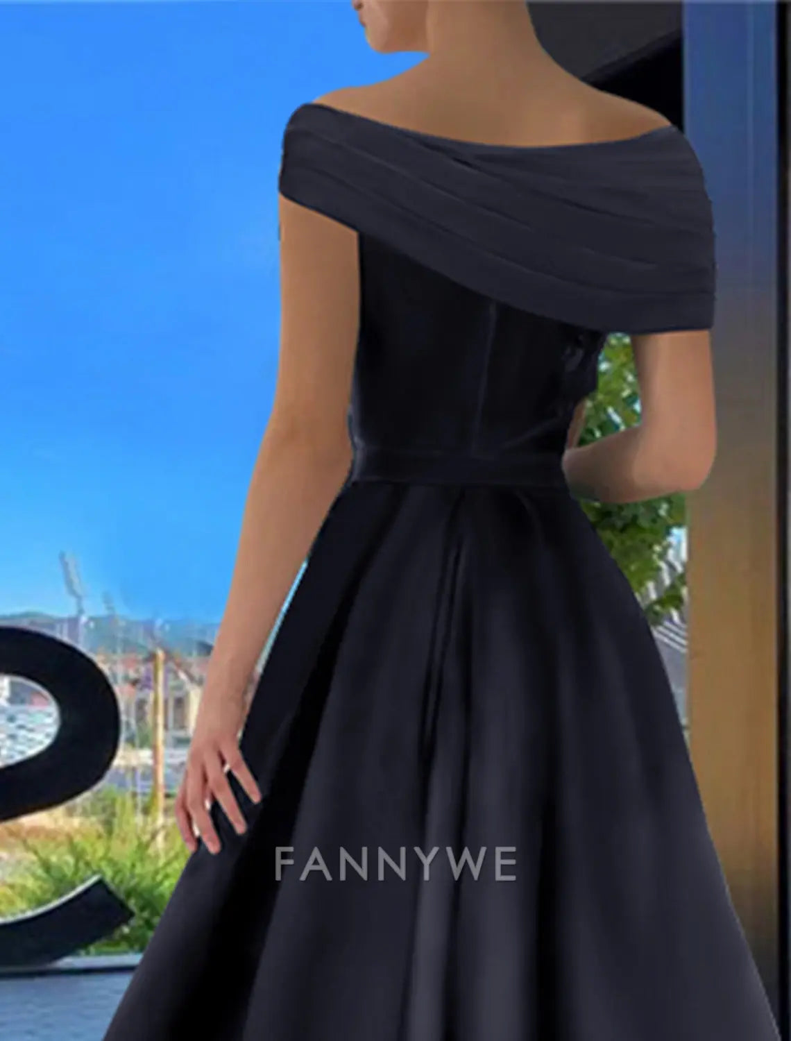 FannyWe Simple A-Line Prom Dresses Black Dress Dress Formal Wedding Guest Floor Length Short Sleeve Off Shoulder Satin with Ruched Slit