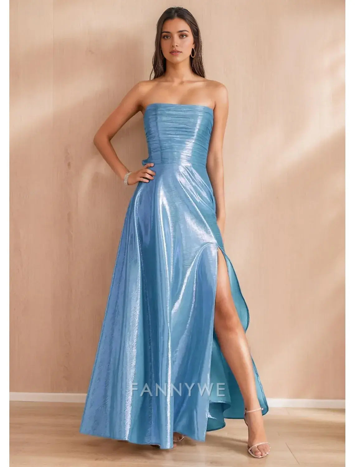 FannyWe Vestidos de fiesta sencillos de corte A, elegantes, formales, de noche, para fiesta, largo hasta el suelo, sin mangas, hombros descubiertos, poliéster, con lazo(s), abertura fruncida 