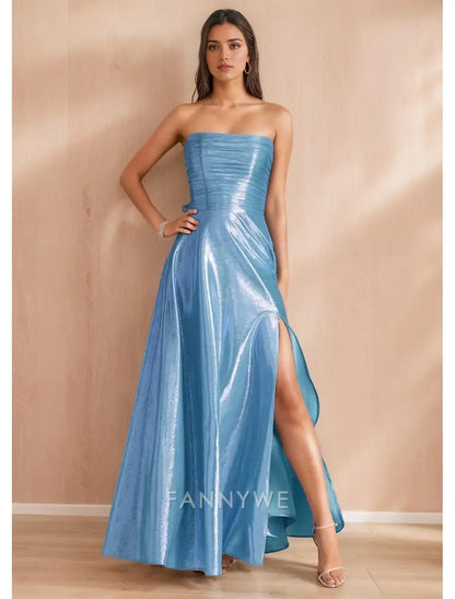 FannyWe Vestidos de fiesta sencillos de corte A, elegantes, formales, de noche, para fiesta, largo hasta el suelo, sin mangas, hombros descubiertos, poliéster, con lazo(s), abertura fruncida 