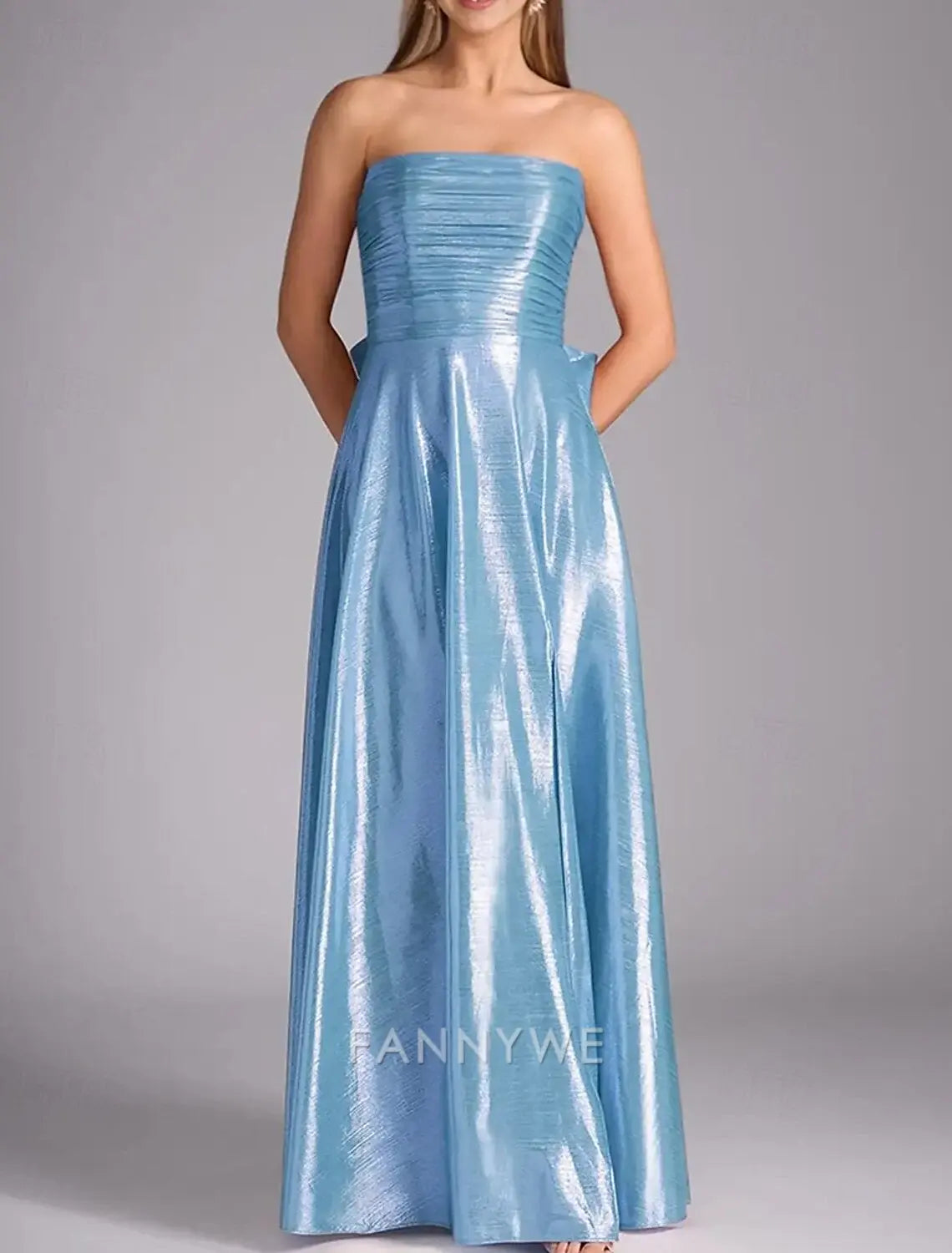 FannyWe Simple A-Line Prom Dresses Elegant Dress Formal Evening Party Floor Length Sleeveless Off Shoulder Polyester with Bow(s) Ruched Slit