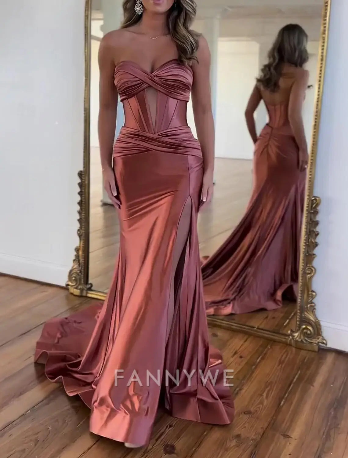 FannyWe Simple A-Line Prom Dresses Elegant Dress Formal Floor Length Sleeveless Strapless Satin with Ruched Slit