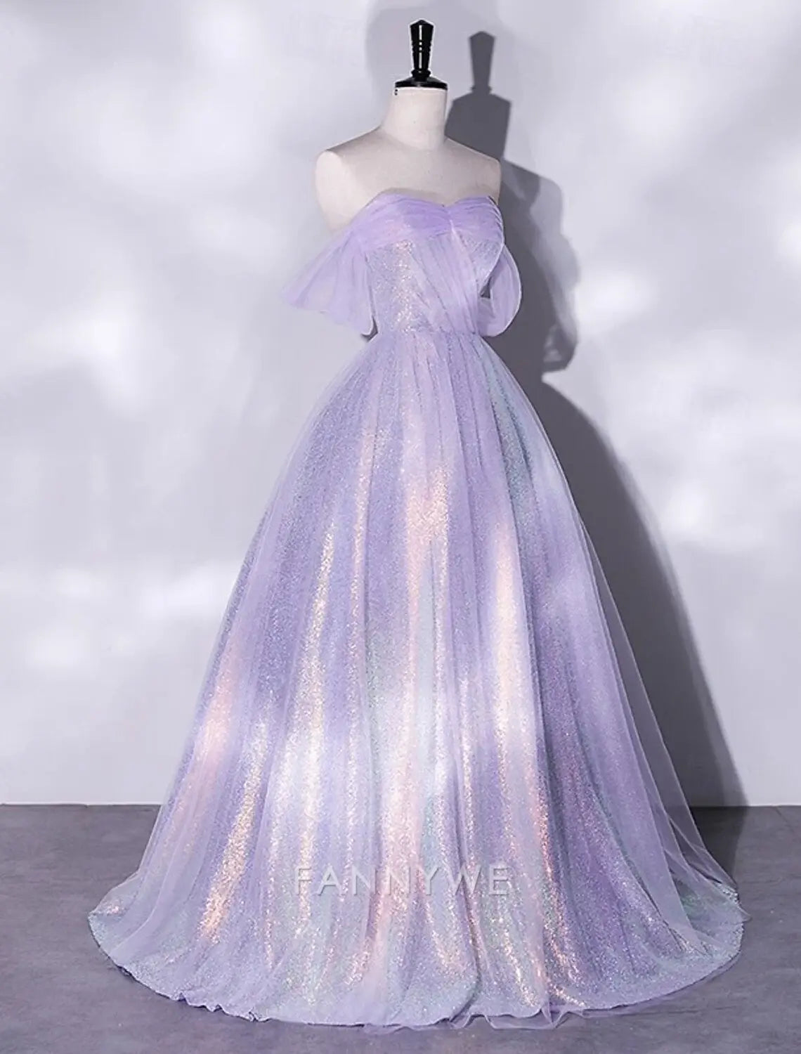 FannyWe Simple A-Line Prom Dresses Elegant Dress Formal Masquerade Floor Length Short Sleeve Square Neck Tulle with Glitter