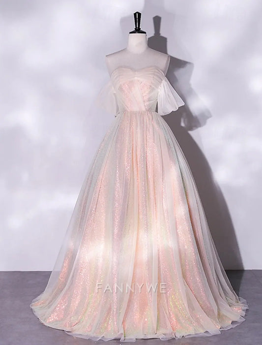 FannyWe Simple A-Line Prom Dresses Elegant Dress Formal Masquerade Floor Length Short Sleeve Square Neck Tulle with Glitter