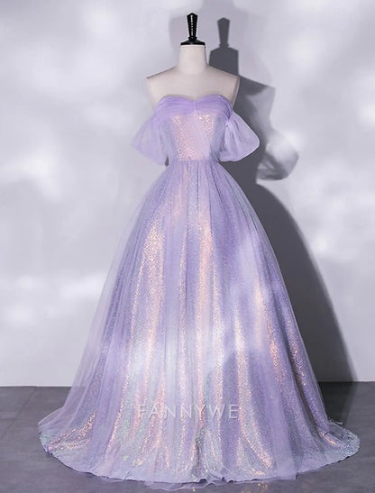 FannyWe Simple A-Line Prom Dresses Elegant Dress Formal Masquerade Floor Length Short Sleeve Square Neck Tulle with Glitter