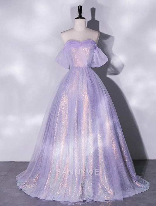 FannyWe Simple A-Line Prom Dresses Elegant Dress Formal Masquerade Floor Length Short Sleeve Square Neck Tulle with Glitter