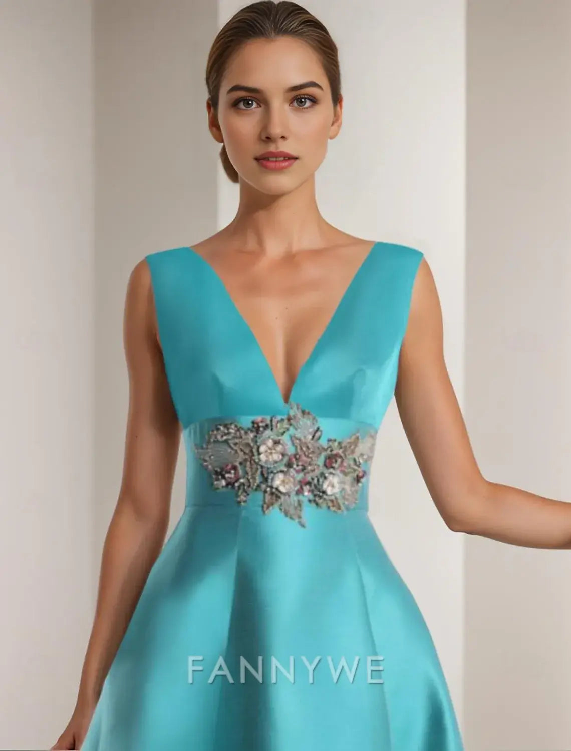 FannyWe Simple A-Line Prom Dresses Elegant Dress Formal Prom Floor Length Sleeveless V Neck Pocket Satin with Appliques