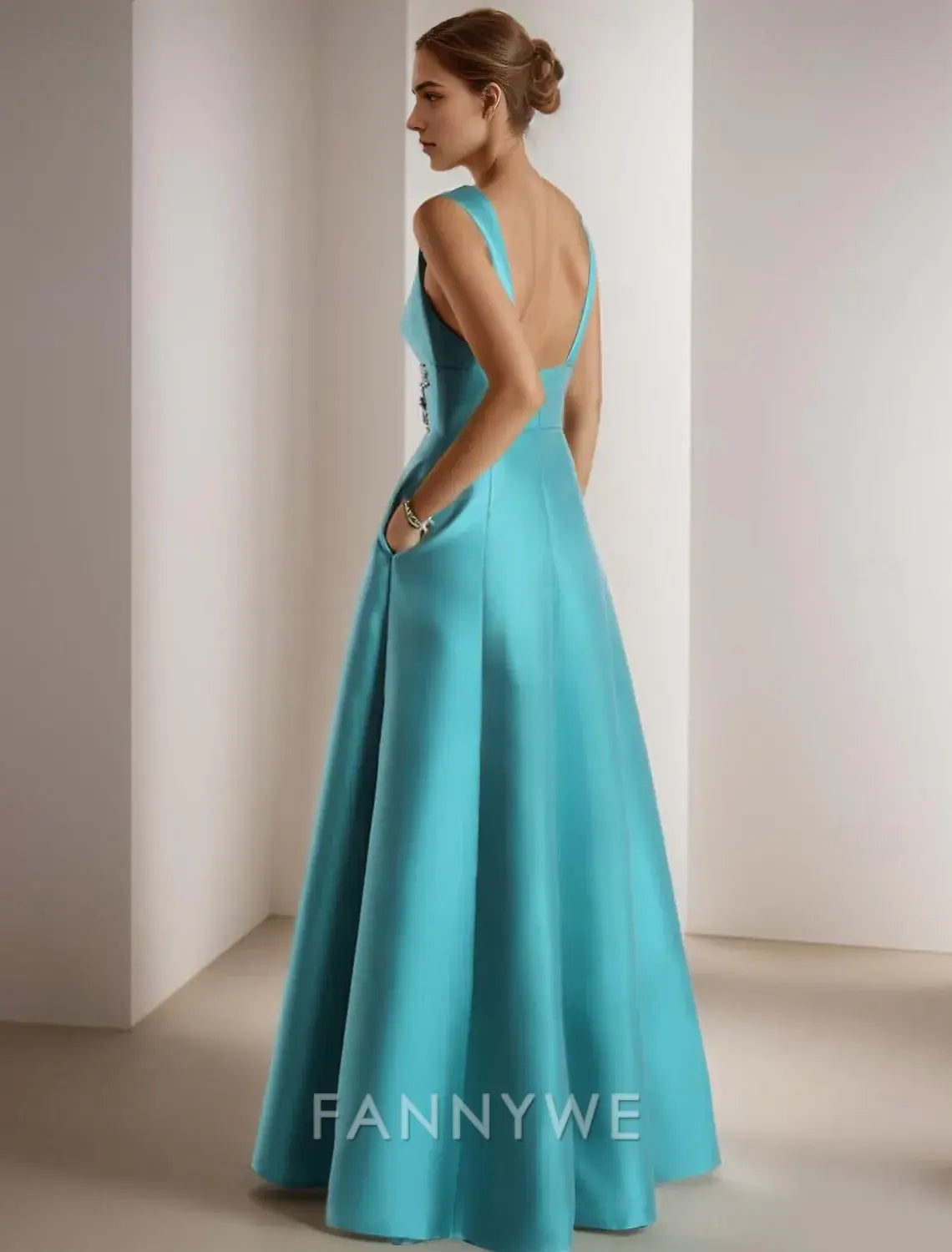 FannyWe Simple A-Line Prom Dresses Elegant Dress Formal Prom Floor Length Sleeveless V Neck Pocket Satin with Appliques