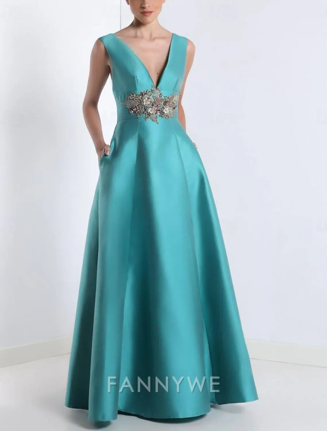 FannyWe Simple A-Line Prom Dresses Elegant Dress Formal Prom Floor Length Sleeveless V Neck Pocket Satin with Appliques