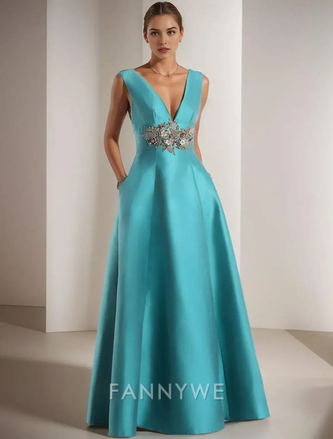 FannyWe Simple A-Line Prom Dresses Elegant Dress Formal Prom Floor Length Sleeveless V Neck Pocket Satin with Appliques