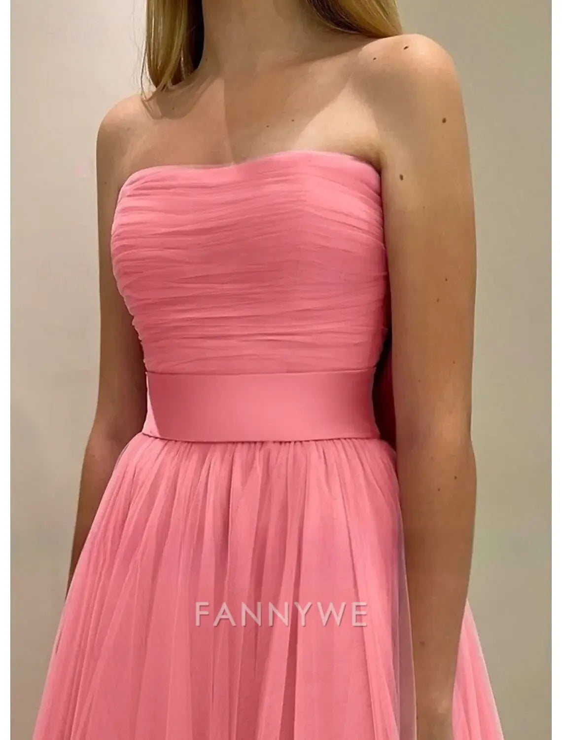 FannyWe Vestidos de fiesta sencillos de corte A, elegantes, formales, con cola larga y sin mangas, sin tirantes, con cinturón y faja, de satén con lazo(s), pliegues y fruncido. 