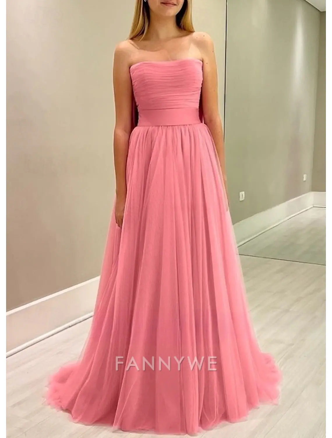 FannyWe Vestidos de fiesta sencillos de corte A, elegantes, formales, con cola larga y sin mangas, sin tirantes, con cinturón y faja, de satén con lazo(s), pliegues y fruncido. 