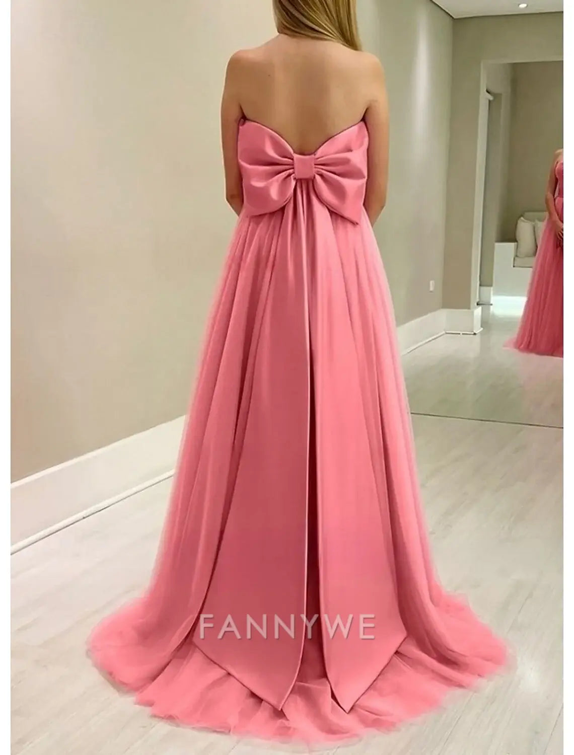 FannyWe Vestidos de fiesta sencillos de corte A, elegantes, formales, con cola larga y sin mangas, sin tirantes, con cinturón y faja, de satén con lazo(s), pliegues y fruncido. 