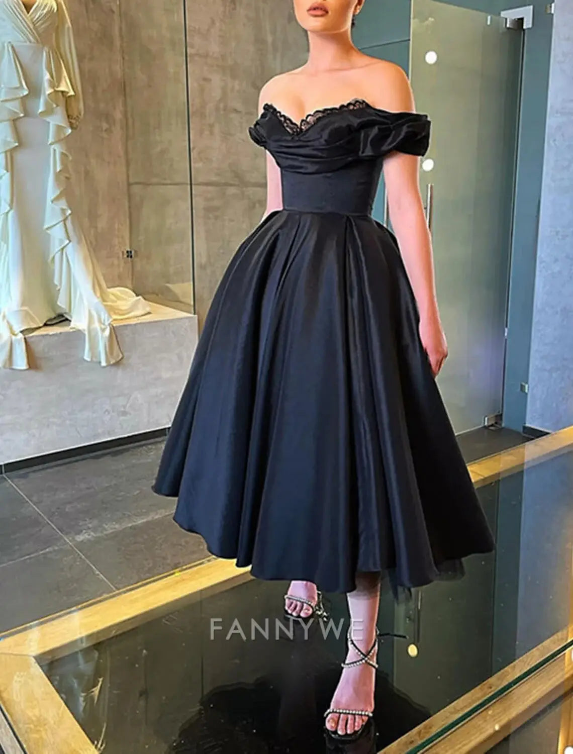 FannyWe Simple A-Line Prom Dresses Elegant Dress Masquerade Wedding Party Tea Length Short Sleeve Off Shoulder Fall Wedding Guest Satin with Ruched