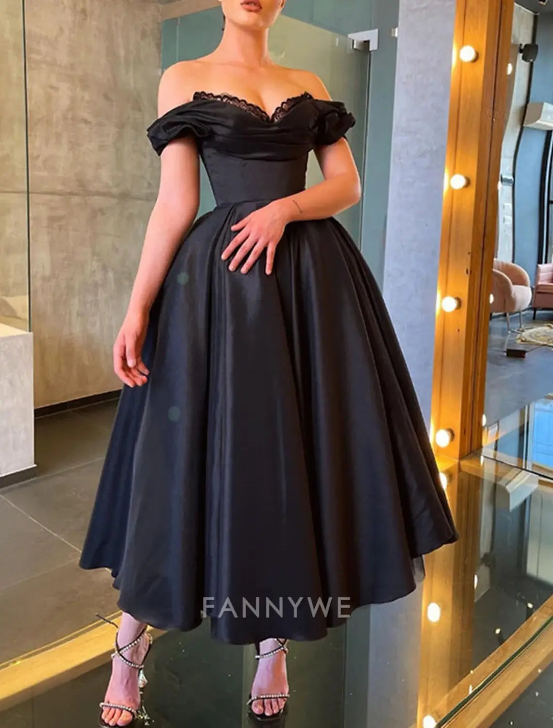 FannyWe Simple A-Line Prom Dresses Elegant Dress Masquerade Wedding Party Tea Length Short Sleeve Off Shoulder Fall Wedding Guest Satin with Ruched