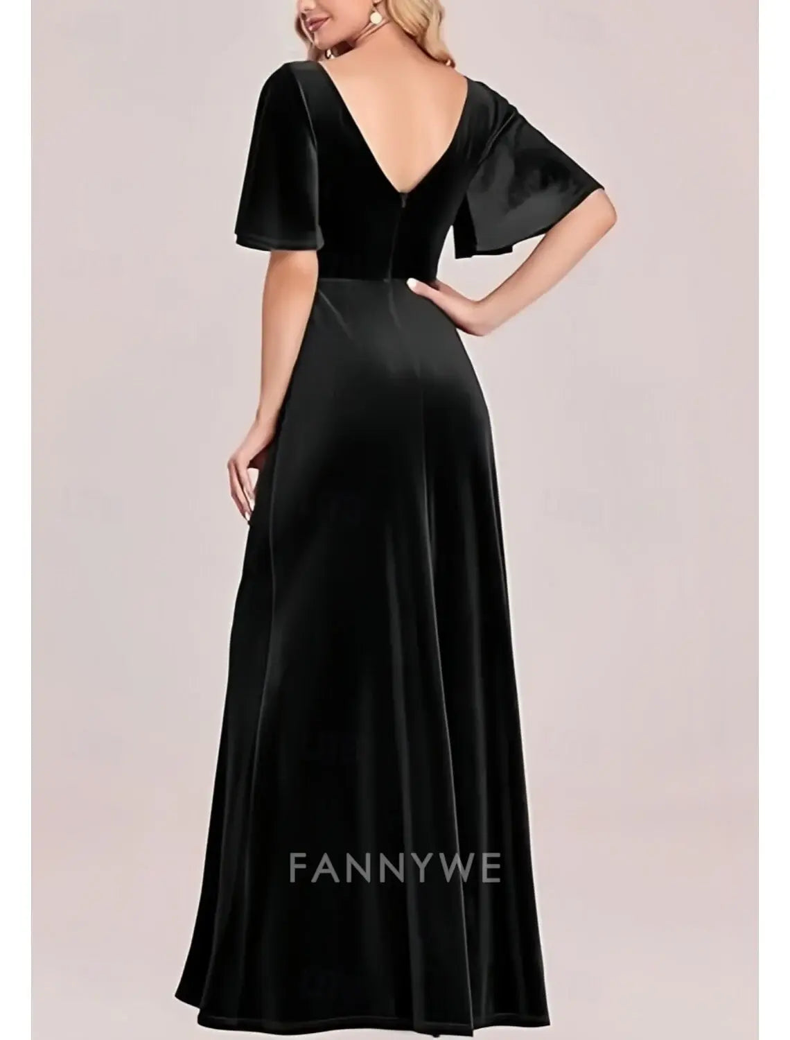 FannyWe Simple A-Line Prom Dresses Elegant Dress Party Wear Prom Floor Length Short Sleeve V Neck Velvet with Criss Cross