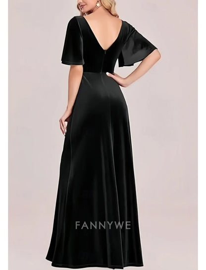 FannyWe Vestidos de Fiesta Sencillos de Corte A, Elegantes Vestidos de Fiesta, Largos hasta el Suelo, Mangas Cortas, Cuello en V, Terciopelo con Entrecruzamiento 