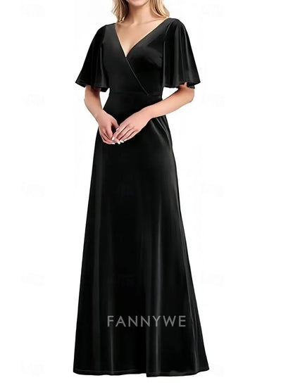 FannyWe Vestidos de Fiesta Sencillos de Corte A, Elegantes Vestidos de Fiesta, Largos hasta el Suelo, Mangas Cortas, Cuello en V, Terciopelo con Entrecruzamiento 
