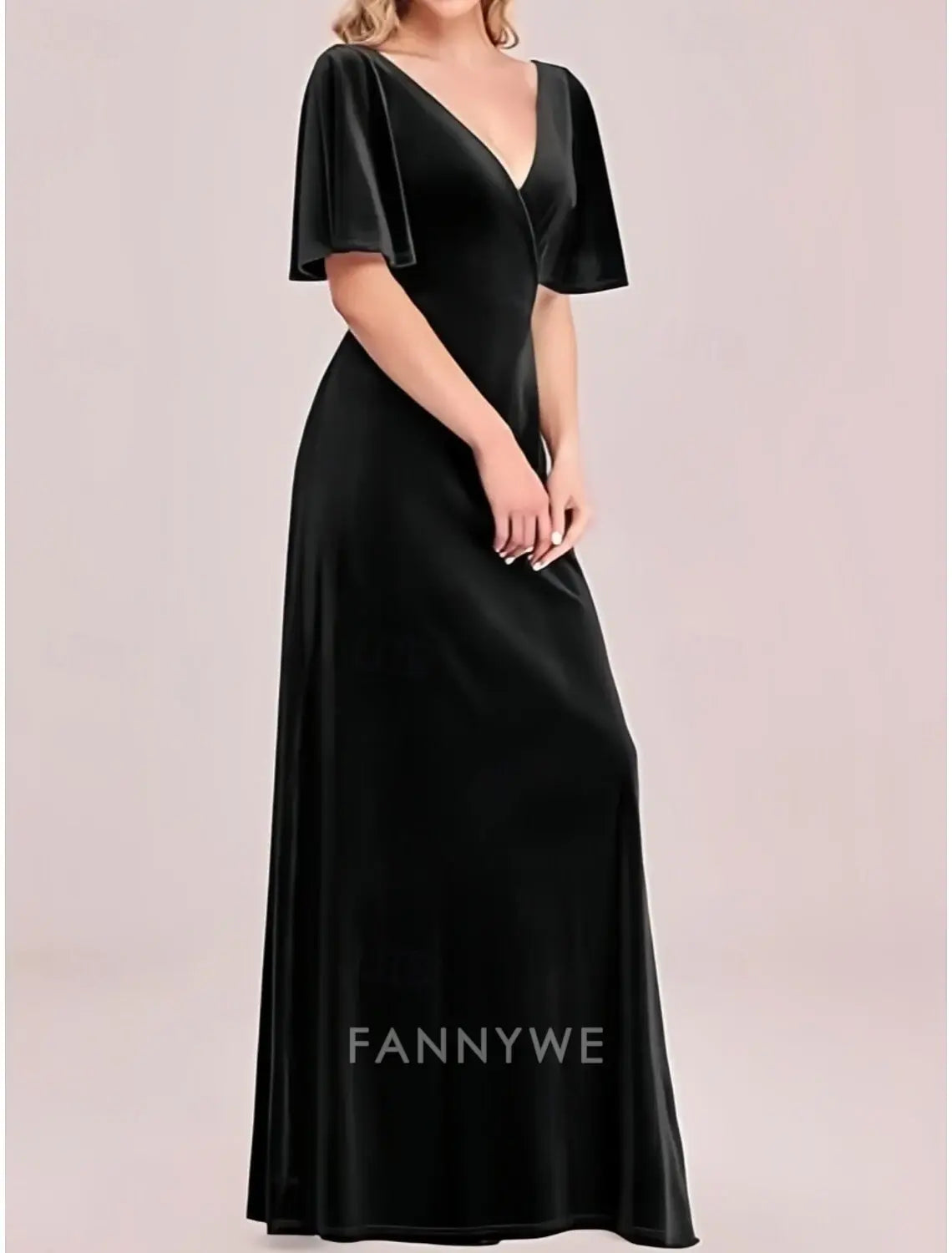 FannyWe Simple A-Line Prom Dresses Elegant Dress Party Wear Prom Floor Length Short Sleeve V Neck Velvet with Criss Cross