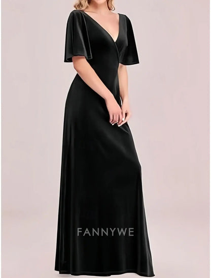 FannyWe Vestidos de Fiesta Sencillos de Corte A, Elegantes Vestidos de Fiesta, Largos hasta el Suelo, Mangas Cortas, Cuello en V, Terciopelo con Entrecruzamiento 