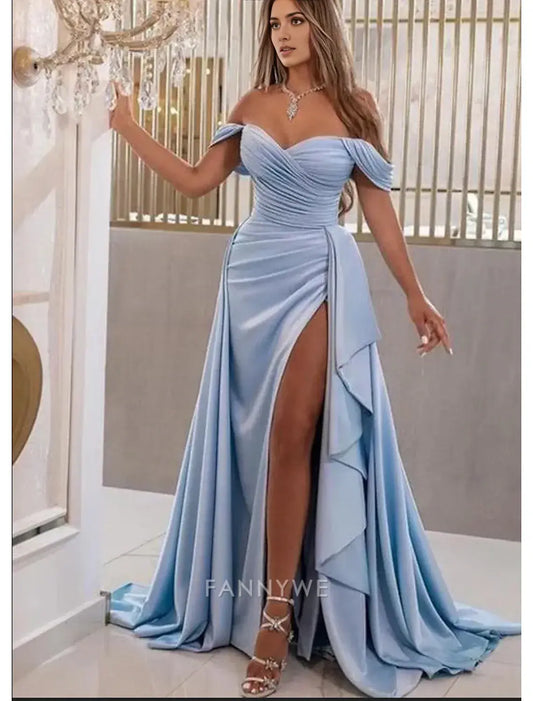 FannyWe Simple A-Line Prom Dresses High Split Dress Wedding Guest Prom Sweep / Brush Train Sleeveless Sweetheart Satin with Slit