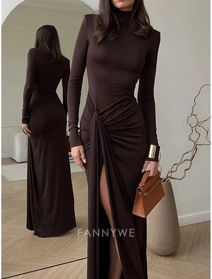 FannyWe - Vestido de fiesta sencillo de corte A, para carnaval, vacaciones, largo hasta el suelo, manga larga, cuello alto, poliéster con pliegues 