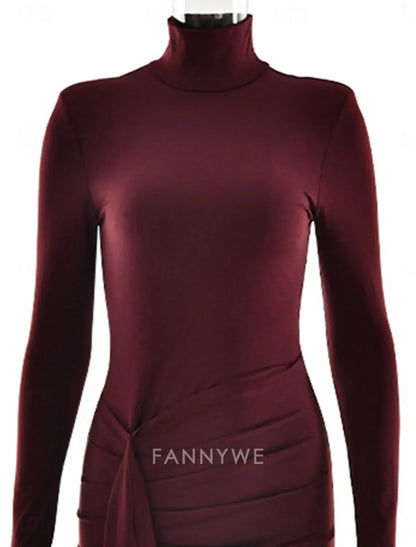 FannyWe - Vestido de fiesta sencillo de corte A, para carnaval, vacaciones, largo hasta el suelo, manga larga, cuello alto, poliéster con pliegues 