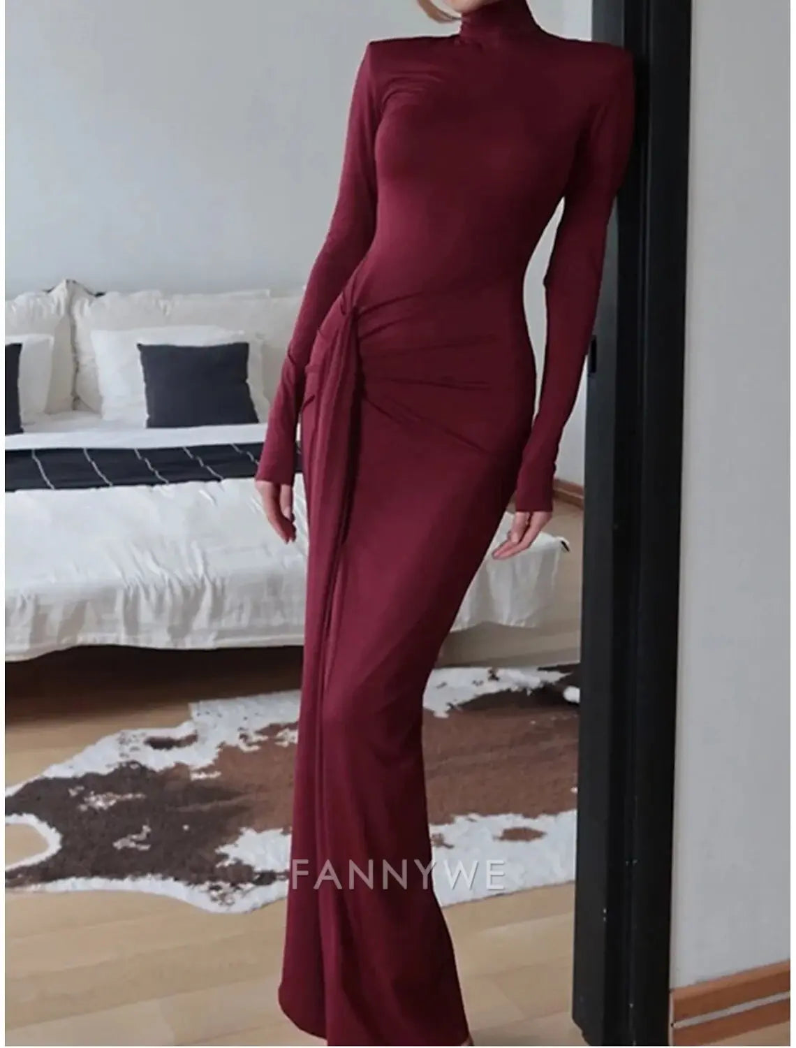 FannyWe - Vestido de fiesta sencillo de corte A, para carnaval, vacaciones, largo hasta el suelo, manga larga, cuello alto, poliéster con pliegues 