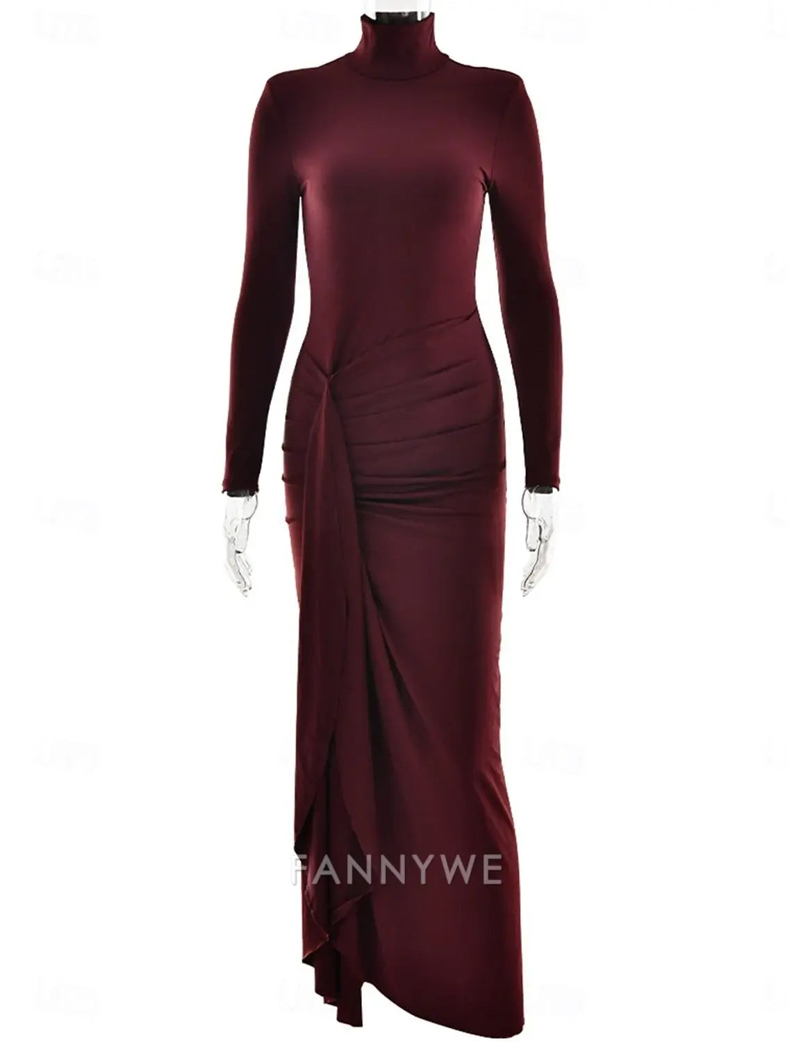 FannyWe Simple A-Line Prom Dresses Party Dress Carnival Holiday Floor Length Long Sleeve High Neck Polyester with Pleats