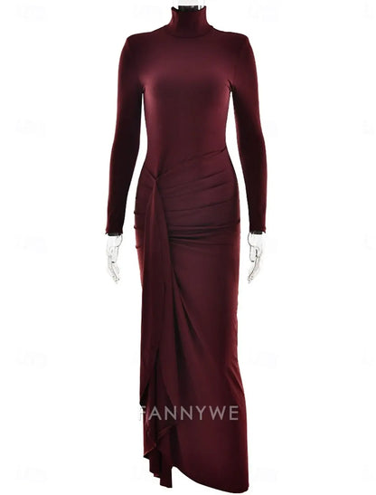 FannyWe - Vestido de fiesta sencillo de corte A, para carnaval, vacaciones, largo hasta el suelo, manga larga, cuello alto, poliéster con pliegues 