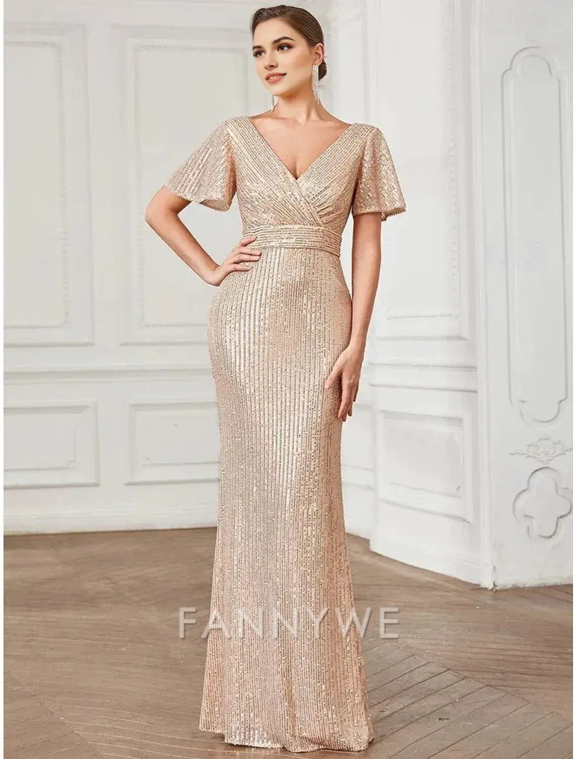 FannyWe Simple A-Line Prom Dresses Party Dress Formal Floor Length Long Sleeve V Neck Sequined with Glitter