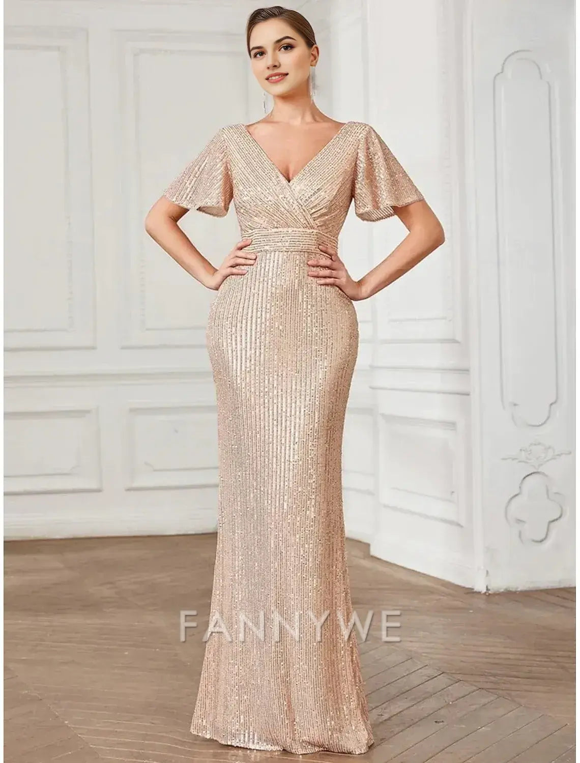 FannyWe Simple A-Line Prom Dresses Party Dress Formal Floor Length Long Sleeve V Neck Sequined with Glitter