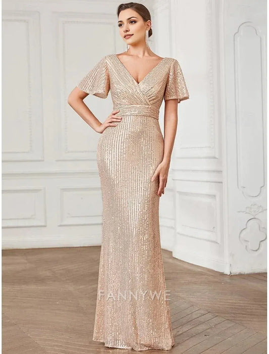 FannyWe - Vestido de fiesta sencillo de corte A, vestido formal hasta el suelo, manga larga, escote en V, lentejuelas y brillo 