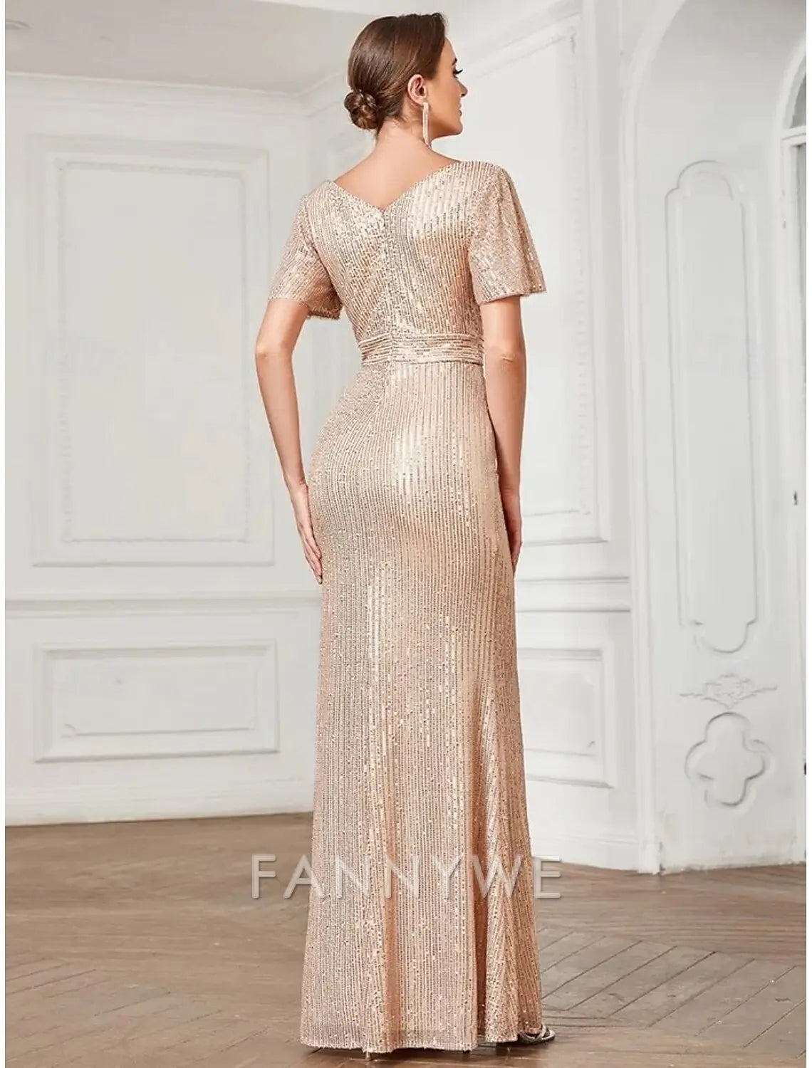 FannyWe Simple A-Line Prom Dresses Party Dress Formal Floor Length Long Sleeve V Neck Sequined with Glitter