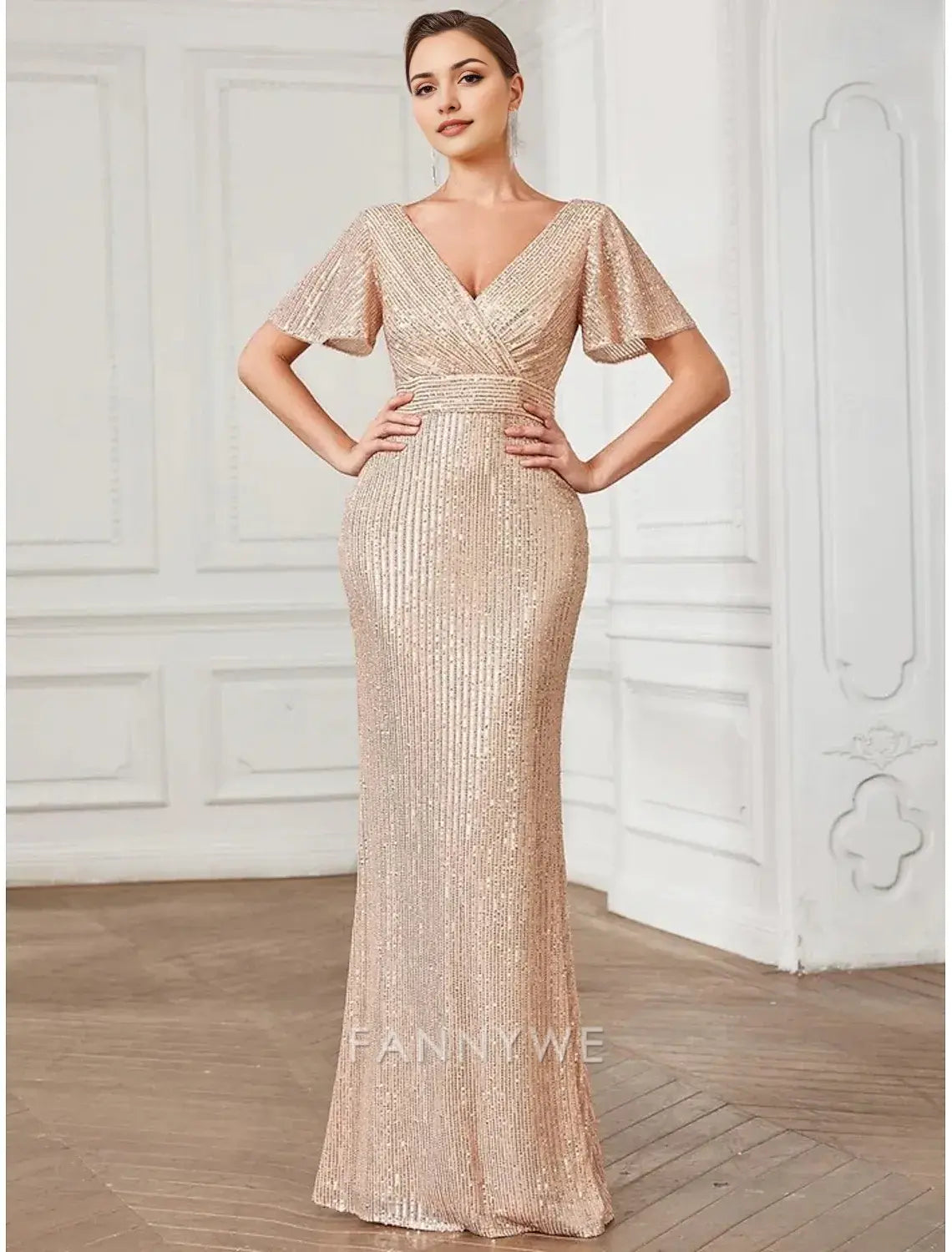 FannyWe Simple A-Line Prom Dresses Party Dress Formal Floor Length Long Sleeve V Neck Sequined with Glitter