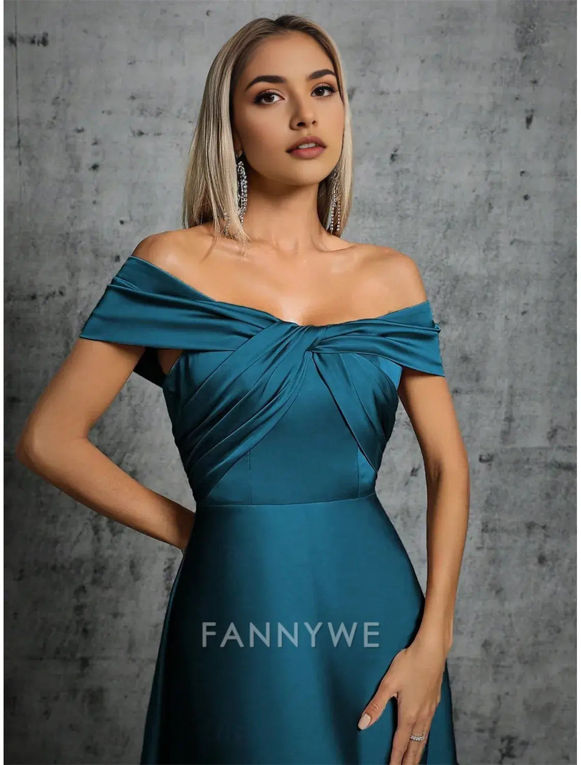 FannyWe Simple A-Line Quinceanera Dresses Elegant Dress Formal Wedding Floor Length Sleeveless Off Shoulder Satin with Pleats