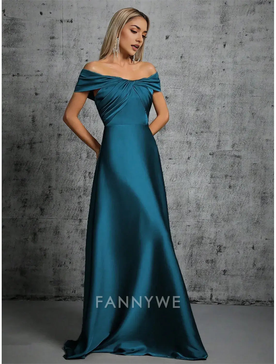 FannyWe Simple A-Line Quinceanera Dresses Elegant Dress Formal Wedding Floor Length Sleeveless Off Shoulder Satin with Pleats