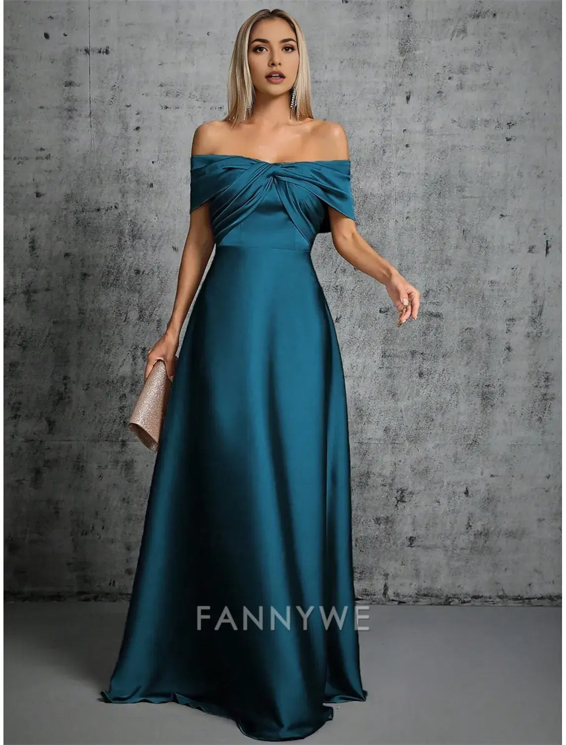 FannyWe Simple A-Line Quinceanera Dresses Elegant Dress Formal Wedding Floor Length Sleeveless Off Shoulder Satin with Pleats