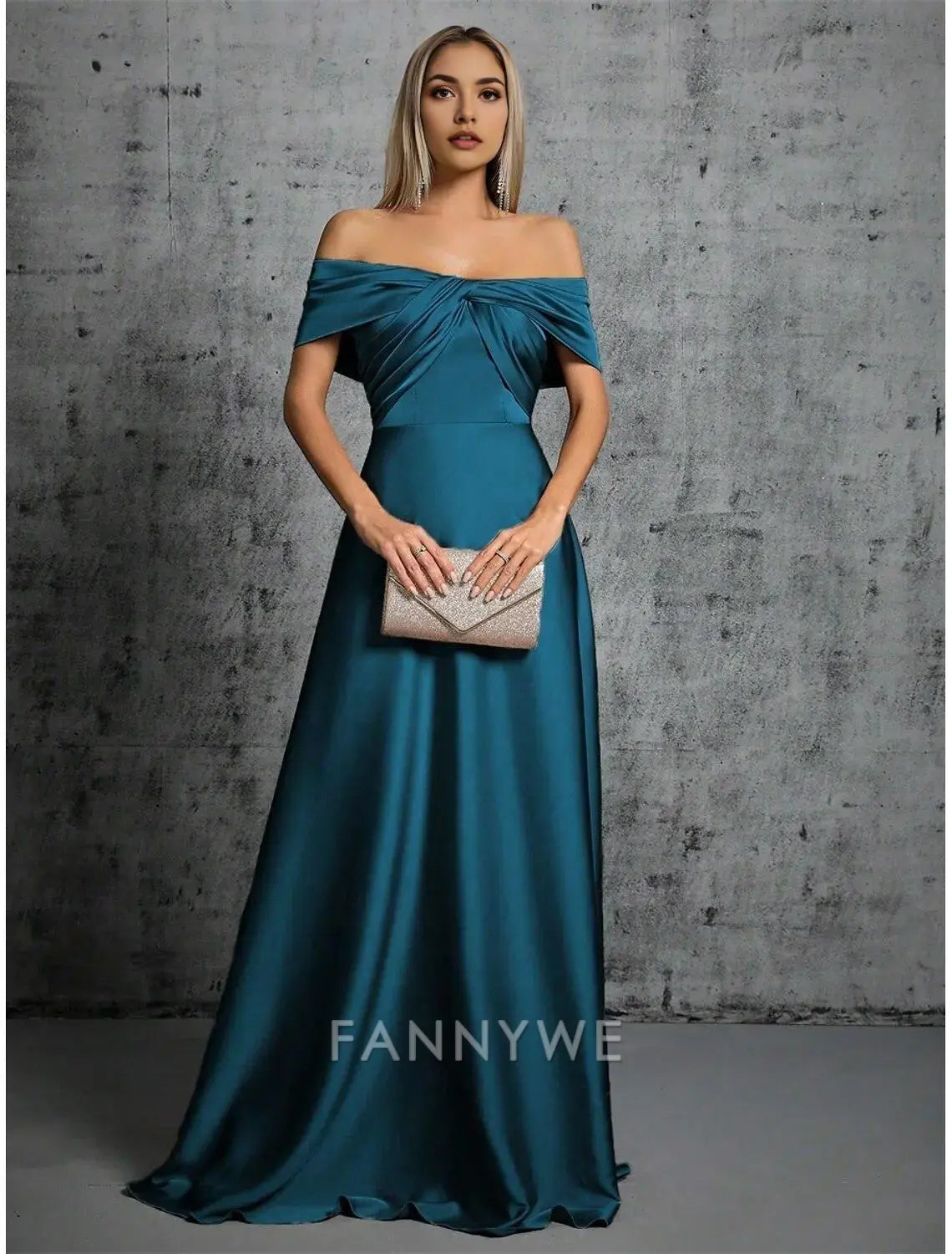 FannyWe Simple A-Line Quinceanera Dresses Elegant Dress Formal Wedding Floor Length Sleeveless Off Shoulder Satin with Pleats