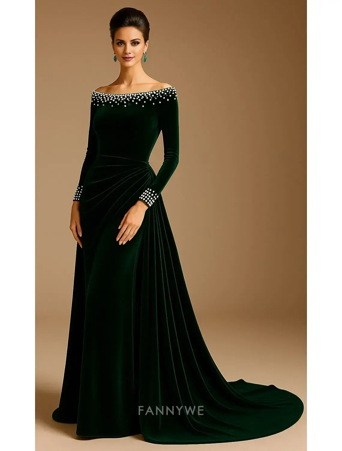 A-Line Sheath / Column Sweep / Brush Train Evening Gown Ball Gown with Overskirt Formal Dress Elegant Glittering Celebrity Style Long Sleeve Off Shoulder Garden Party Wedding Satin Stretch Satin with