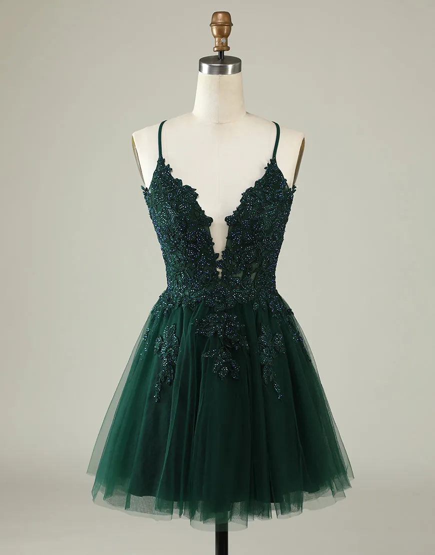 A-Line Spaghetti Straps Appliques Corset Back Tulle Homecoming Dresses