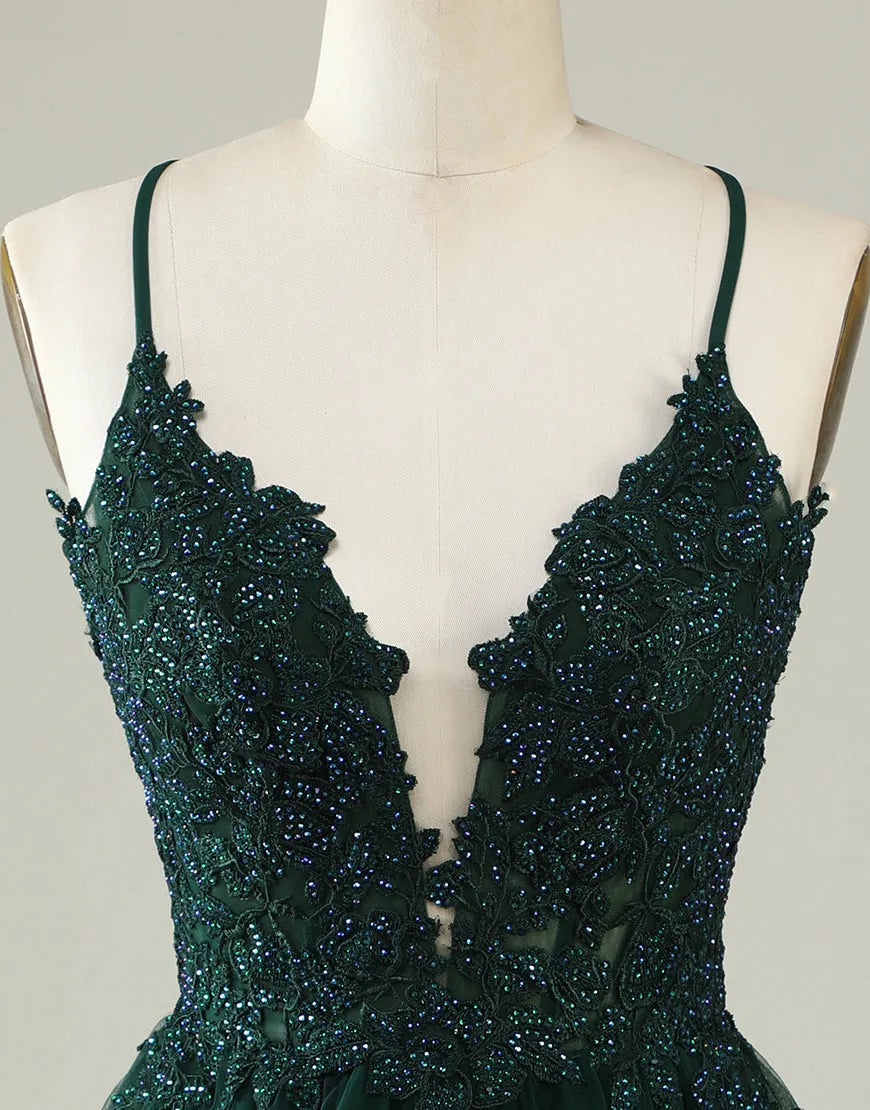 A-Line Spaghetti Straps Appliques Corset Back Tulle Homecoming Dresses