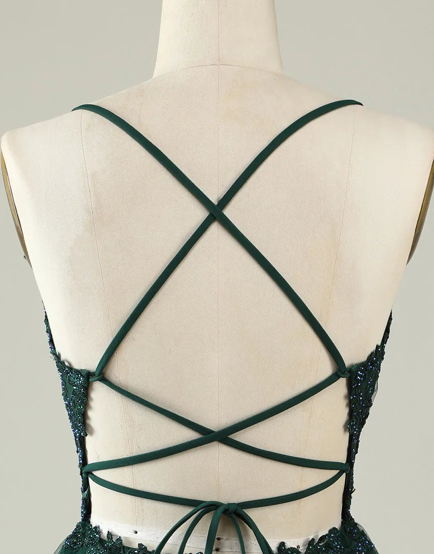 A-Line Spaghetti Straps Appliques Corset Back Tulle Homecoming Dresses