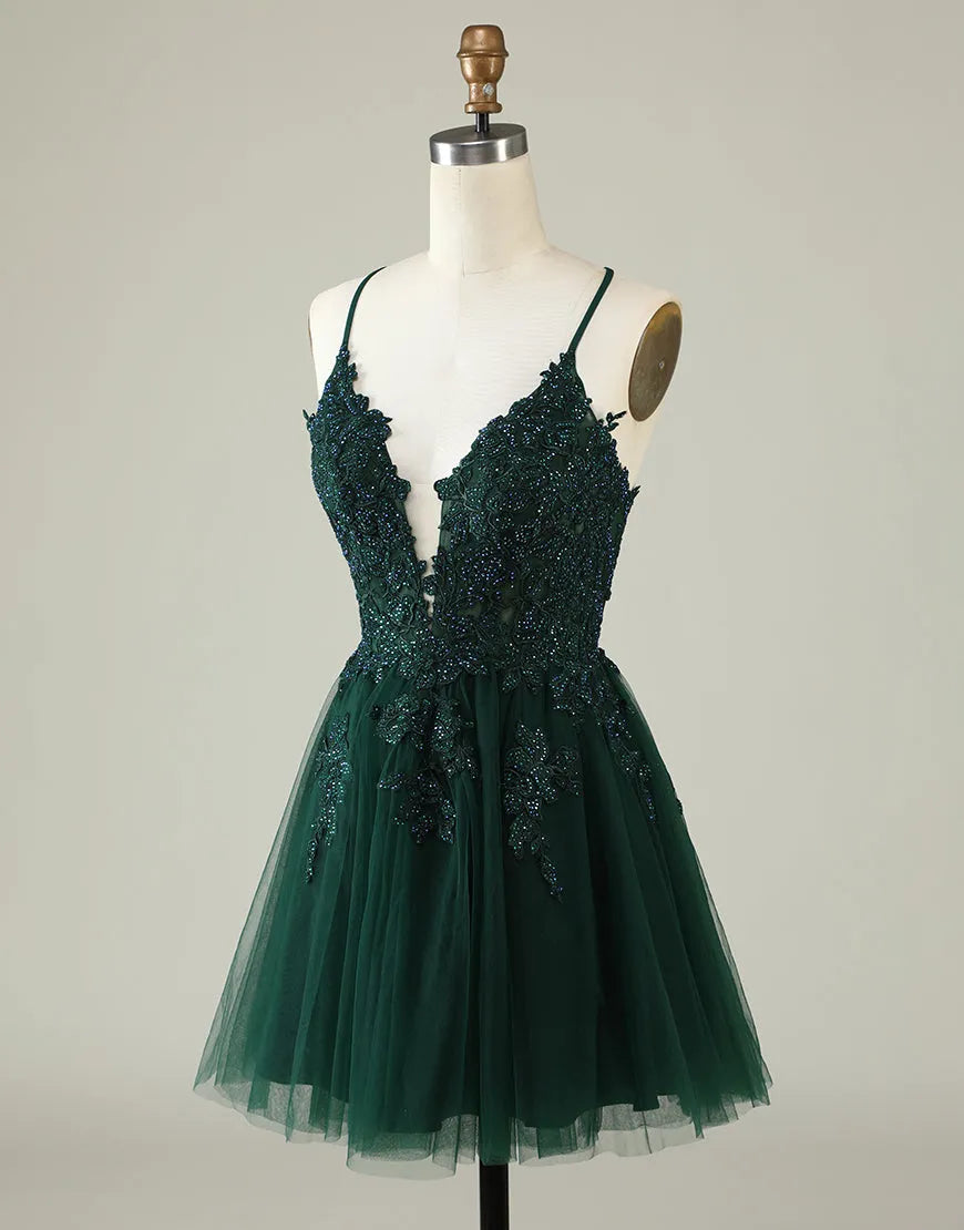 A-Line Spaghetti Straps Appliques Corset Back Tulle Homecoming Dresses