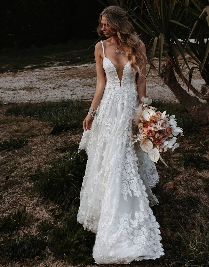 A-Line Spaghetti Straps Lace Beach Wedding Dress With Split