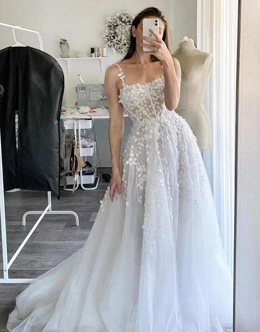 A-Linie Spaghettiträger Tüll Brautkleid mit Applikationen 