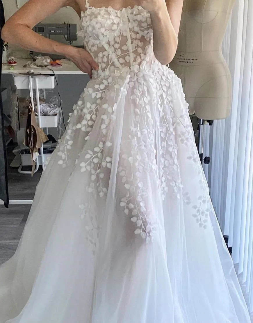 A-Linie Spaghettiträger Tüll Brautkleid mit Applikationen 