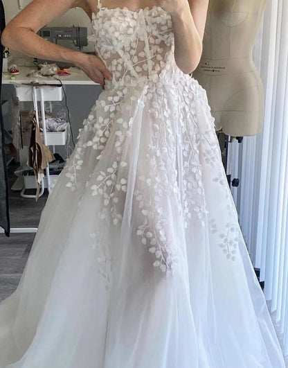 A-Linie Spaghettiträger Tüll Brautkleid mit Applikationen 